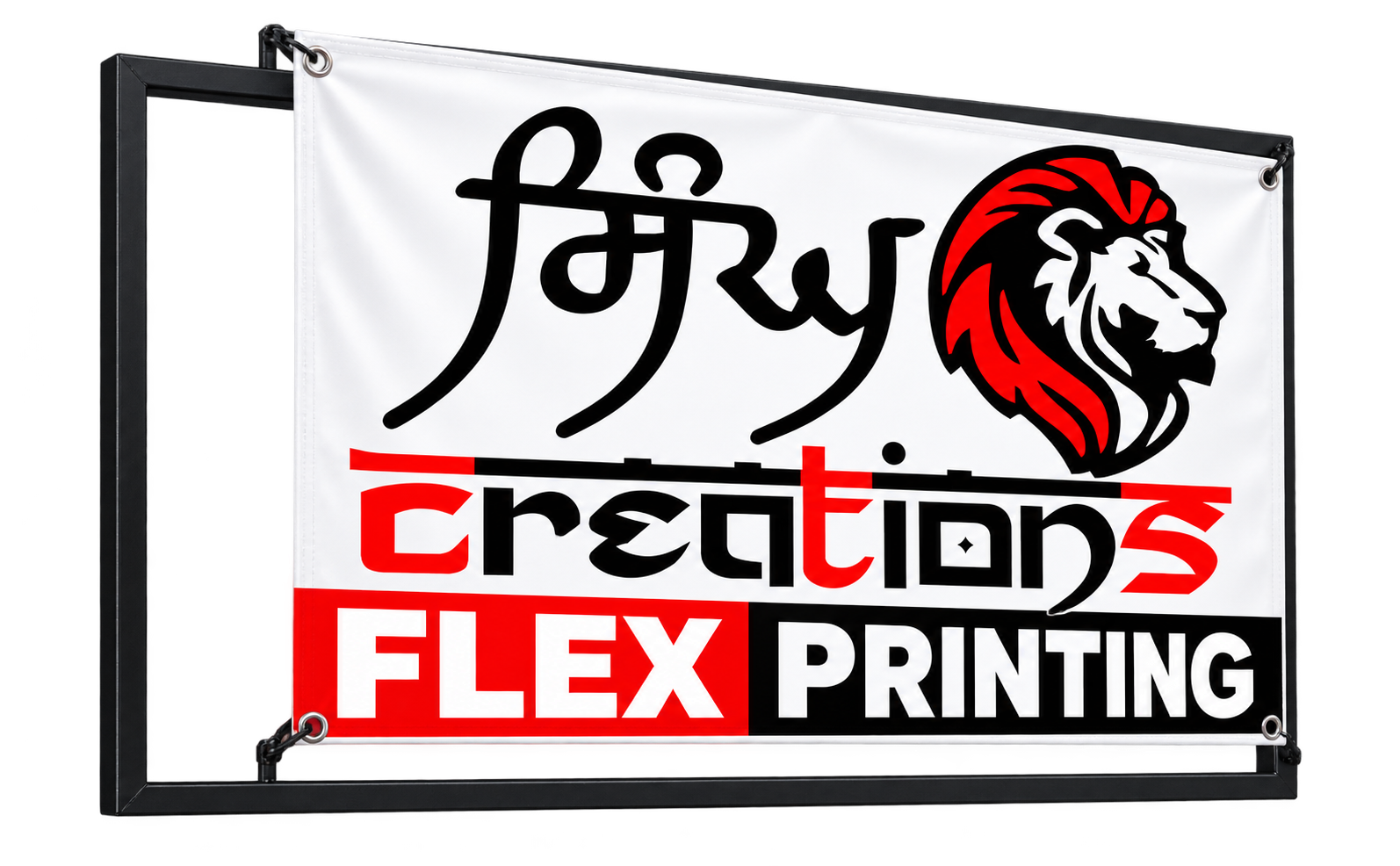 Printed flex sheet offset above and right of an ordinary rectangular iron frame
